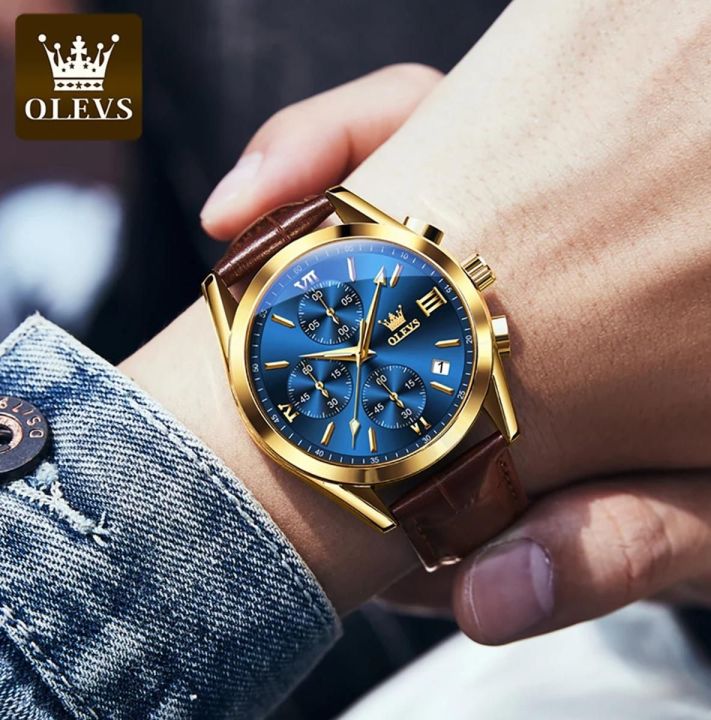 OLIVS Leather Waterproof Quartz Fashion Watch for Men