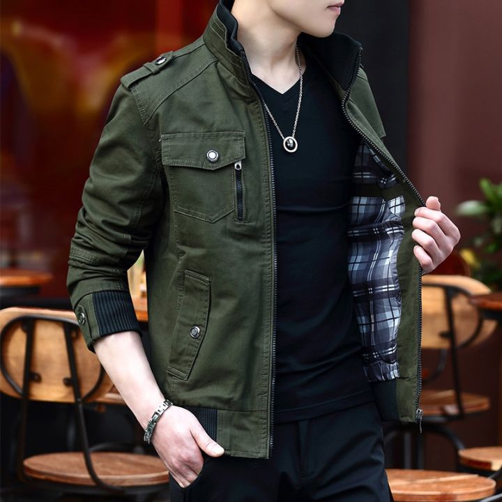 Men's Jacket Korean Version Trend Standing Collar Spring and Autumn Season Thickened Denim Workwear Pure Cotton Coat Top Clothes