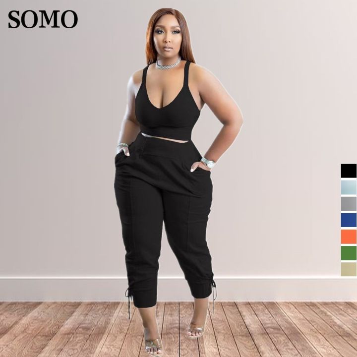 Sleeveless Plus Size Sets Summer Clothes for Women 2 Piece Crop Top Long Pants Stracksuit Solid Color Wholesale Dropsping