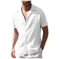 Men Summer Beach Shirt Casual Cotton Linen Solid Color Tops Short Sleeves Lapel T Shirt. 