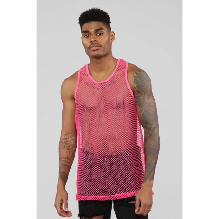 Mens Mesh See Through Shirts Sleeveless Nightclub Sheer Tops Vest Costume Fish Net TaTops Daraz .bd