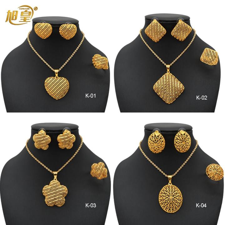 XUHUANG Luxury Dubai Gold Plated Jewelry Set For Women Flower With Tassel Big Nigerian Indian Bridal Necklaces Earrings Rings