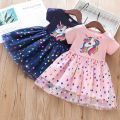 2023 New Summer Girls Dress Cotton Cartoon Unicorn Splicing Mesh Party Princess Dresses For 2-6 Years Girls Birthday Clothes.