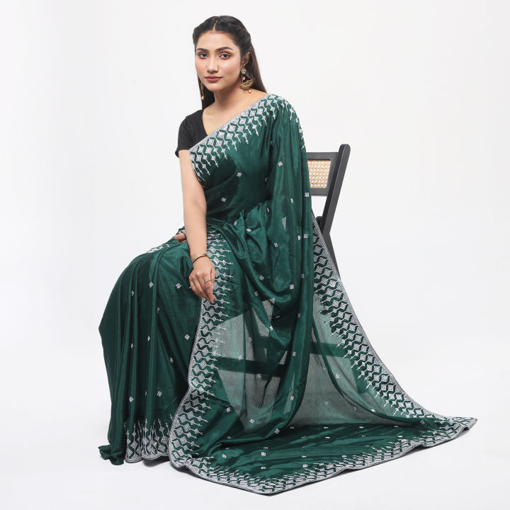 Indian Vichitra silk Green Saree with High-Quality Sequins Silvar Embroidery Work on Blouse
