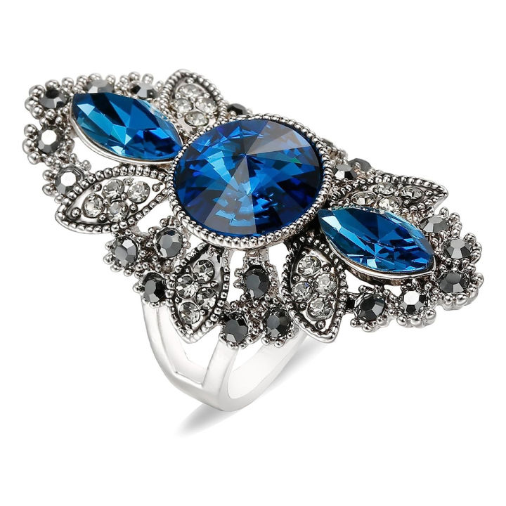 Vintage Women Fashion Jewelry Blue Rhinestone Engagement Wedding Ring