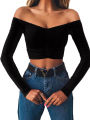 New Women's Long Sleeve T-shirt Summer Fashion Casual Off Shoulder Cropped Top Solid Color.