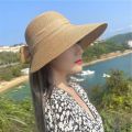 Summer Women Large Bow Straw Hat Portable Foldable Holiday Beach Sun Visors Hand Woven Solid Color Female Sunshade Bonnet Cap. 