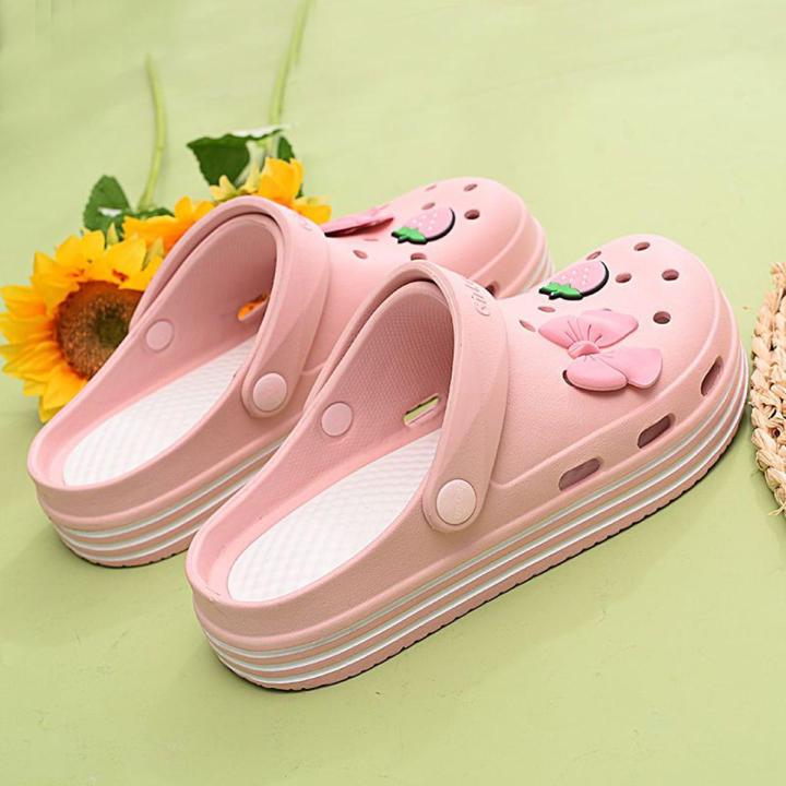 Women's Hole Shoes Summer Thick Bottom for Outdoors Cute Non-Slip Soft  Bottom Comfortable Toe Cap Slipper Student Korean Style Beach Slippers