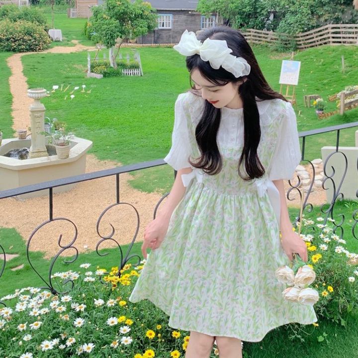 Japanese%20Sweet%20Girl%20Fake%20Two-Piece%20Doll%20Collar%20Dress%20Female%20Students%20Summer%20Waist%20Slimming%20A%20Floral%20Skirt%20-%20Image%204