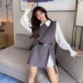 2023 Autumn Two 2 Piece Knitted Vest Set Women Long Sleeve Shirt Solid Vintage Sleeveless College Style Waistband Sweater Tops. 