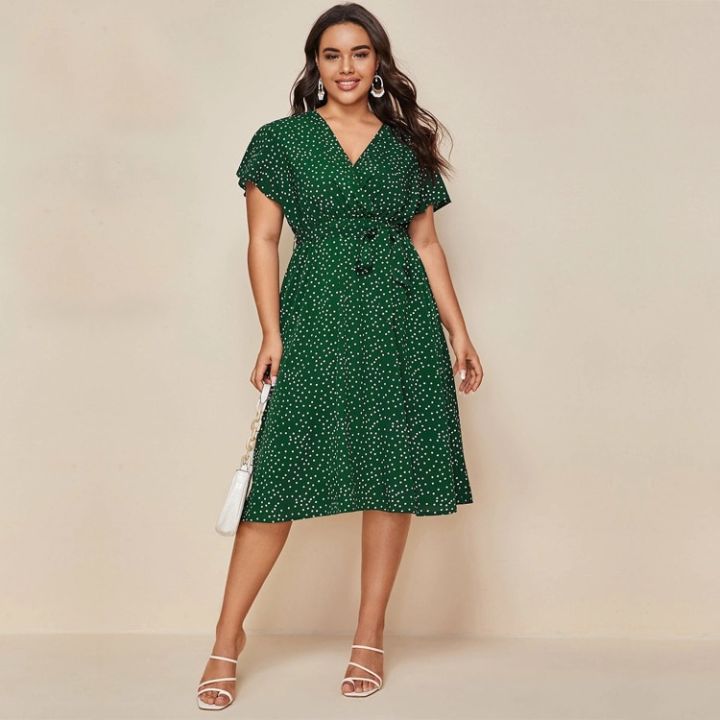 DOIB%20Women%20Plus%20Size%20Dress%20Gree%20White%20Polka%20Dot%20V%20Neck%20Sashes%20Large%20Size%20Dress%202020%20Summer%20Split%20Oversize%20Female%20Dress%204XL%20-%20Image%203