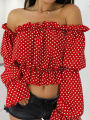 Candy Color Off Shoulder Crop Tops women Summer dot print lantern sleeve shirts Lady Slash neck beach blouse.