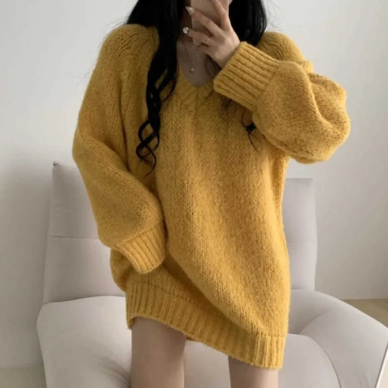 Autumn Winter Knitted Sweaters Women Oversized Simple Loose V-neck