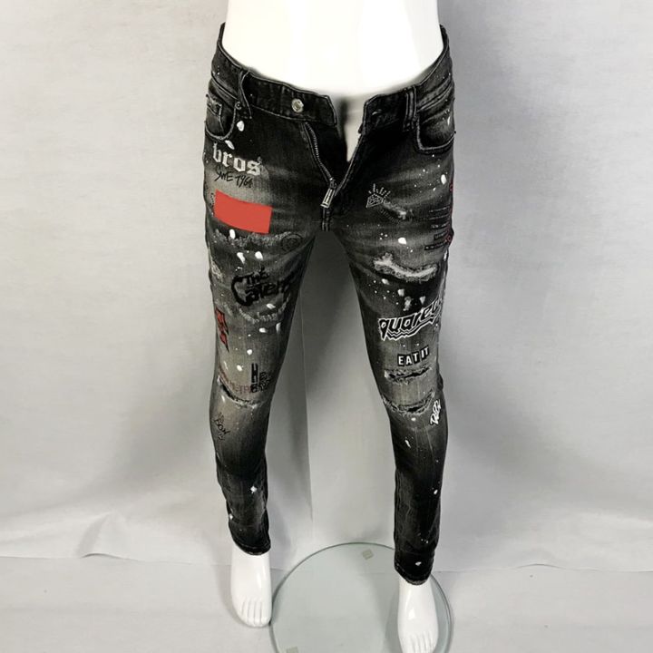 Street Fashion Men Jeans Retro Black Gray Elastic Stretch Slim Fit Ripped Jeans Men Printed Designer Hip Hop Brand Pants Hombre