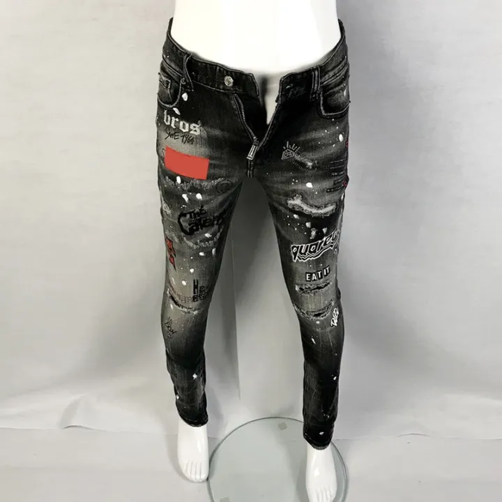 Street Fashion Men Jeans Retro Black Gray Elastic Stretch Slim Fit Ripped Jeans Men Printed Designer Hip Hop Brand Pants Hombre