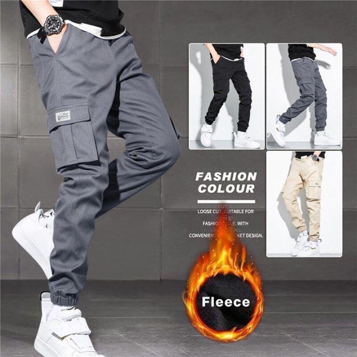 Fashion Multi-Pockets Winter Cargo Pants Men Fleece Liner Thick Warm Slim Fit Joggers Streetwear Casual Thermal Trousers Pants