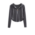Hooded Drawstring Long Sleeve T T-shirt Women's Design Sense Niche Spring and Autumn New Minimalist Thin Korean Style ins Zip Top. 