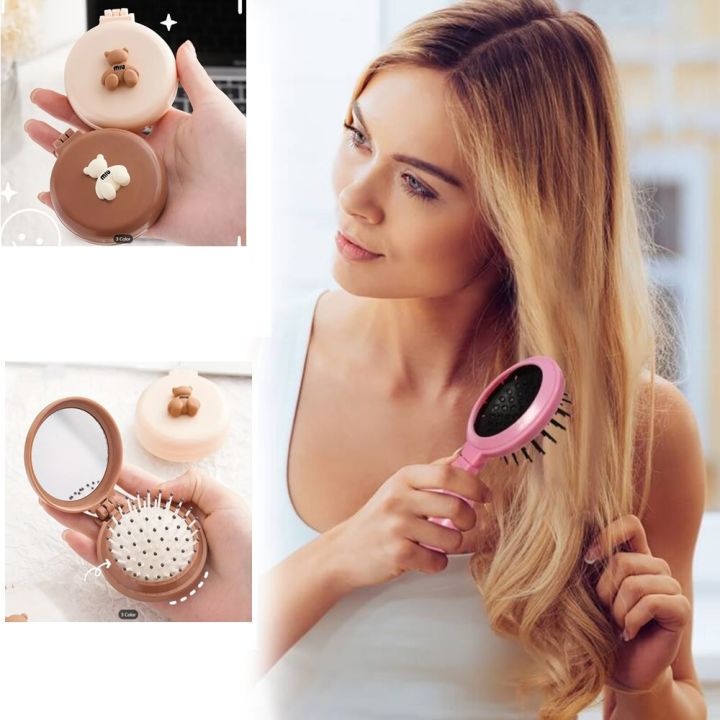 2-In-1 Folding Mini Hair Brush With Makeup Mirror Travel Pocket Hair Brush With Mirror For Women/Girls
