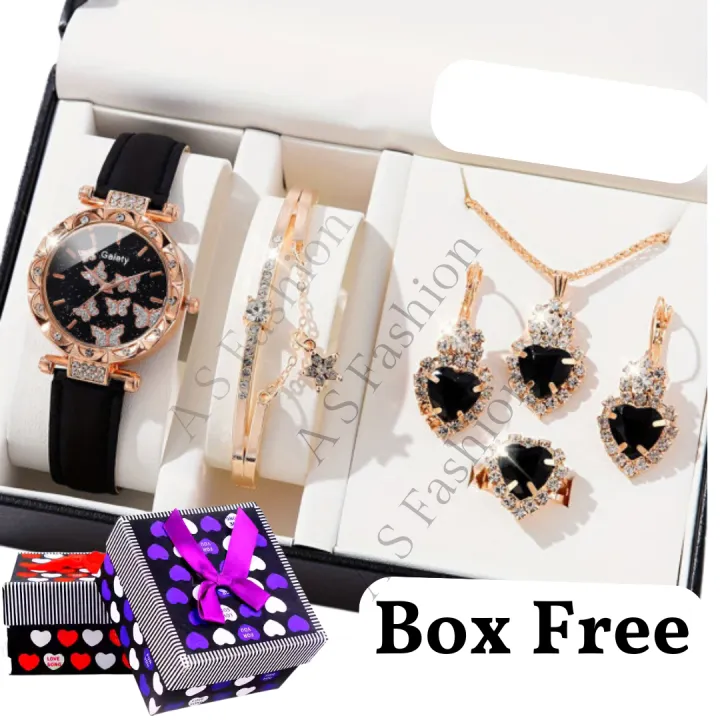 6Pcs%20Fashionable%20Leather%20Belt%20Butterfly%20Causal%20Watch%20and%20Bracelet%20Stone%20Jewellery%20Set%20for%20Women%20Box%20Free%20-%20Image%202