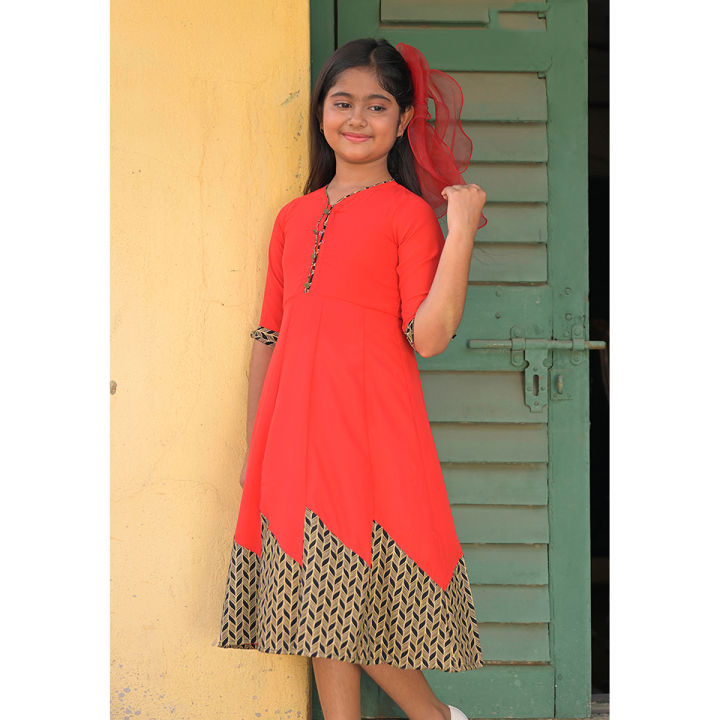 SHOISHOB BANGLADESH Red & Black Comb Cotton & Georgette Kurti for Women