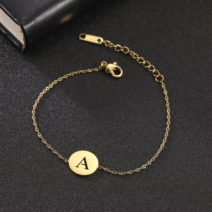 Alphabet A-Z Round Pendant Bracelets Stainless Steel Bracelets for Men Women Trend Jewelry for Party Gift (17+5CM)