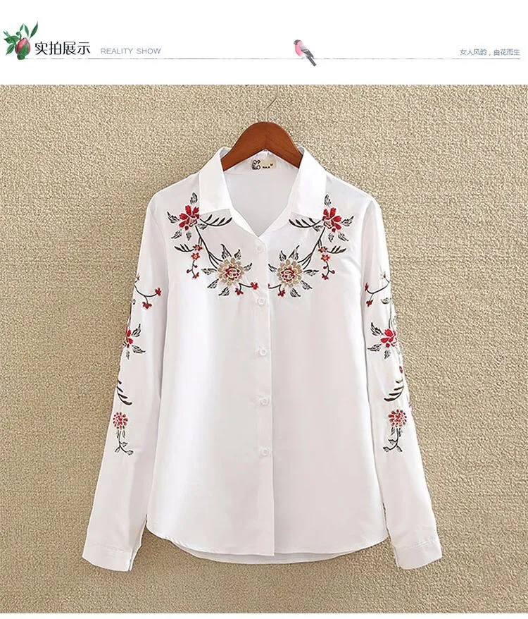 Plus Size Shirt Women Embroidery White Tops Blouses Casual Long