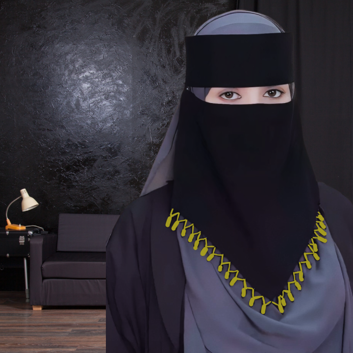 Golden Karchupi Embellished Short Niqab for Fashion-Forward Muslim Women | Arabian-Inspired Elegance with Stone Details | Seamlessly Blending Style with Comfort | Add a Sophisticated Edge to Your Look with this Golden Adorned Niqab