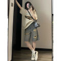 Retro Tattered Jeans Cropped Denim Shorts for Women SummerinsNew Loose Slimming High Street Design Sense Wide Leg Middle Pants. 