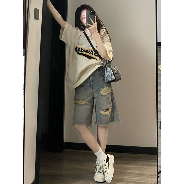 Retro%20Tattered%20Jeans%20Cropped%20Denim%20Shorts%20for%20Women%20SummerinsNew%20Loose%20Slimming%20High%20Street%20Design%20Sense%20Wide%20Leg%20Middle%20Pants%20-%20Image%202