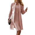 Women Outfit Solid Color Lace Cardigan Long Sleeve Knee-length Dress Coat Set for Office Coat + Vest Dress Female Two-Piece Suit.