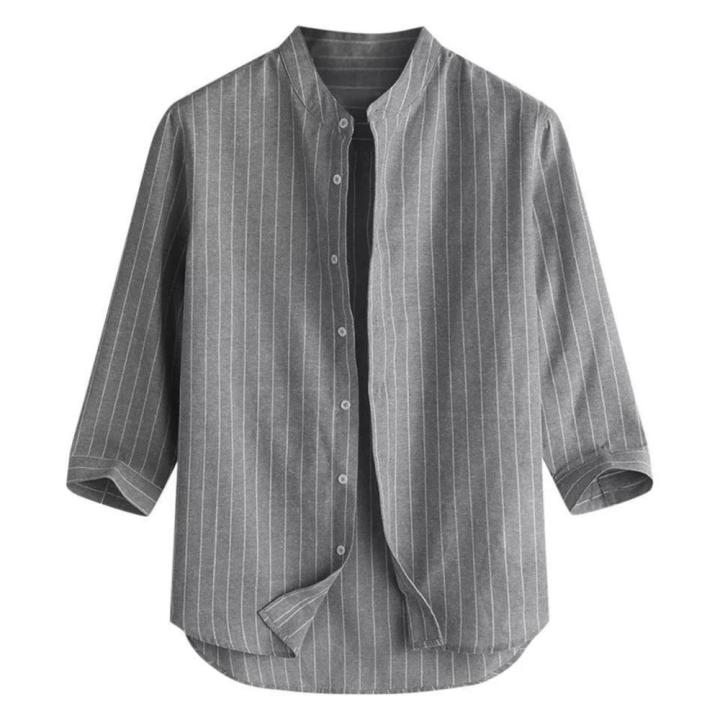 Pullover Style Men's Tops Soft Texture 3/4 Sleeve Printed Design Striped Shirt Breathable Fabric Loose Fit Sleeve Shirt for Wear Streetwear Males Casual Outing Fashion Statement
