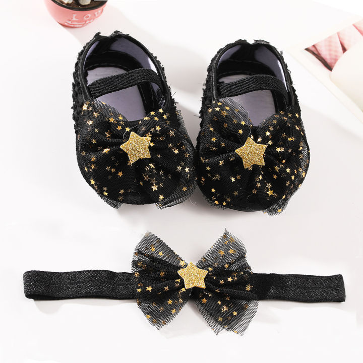 2pcs%20Baby%20Shoes%20+Baby%20Hairband%20Set%20Sequin%20Pentagram%20Flower%20Bow%20knot%20Baby%20Girls%20Flat%20Lace%20Princess%20Headdress%20Lace%20Soft%20Shoes%20Newborn%20Toddler%20Leaning%20Shoes%20-%20Image%202