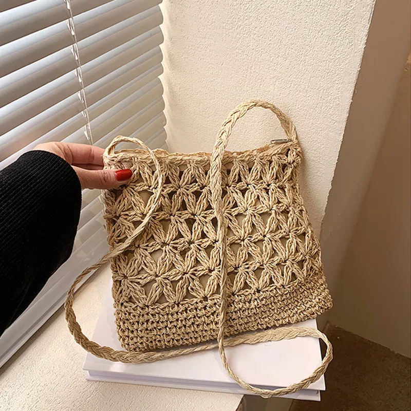 Women Beach Woven Straw Shoulder Messenger Bag Boho Hollow Out