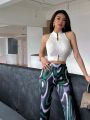 ABRIN Women Sleeveless Halter Off Shoulder Tops Crop Tops Tank Tops Chic Y2K Tops Elastic Solid Tank Tops For Women Summer.