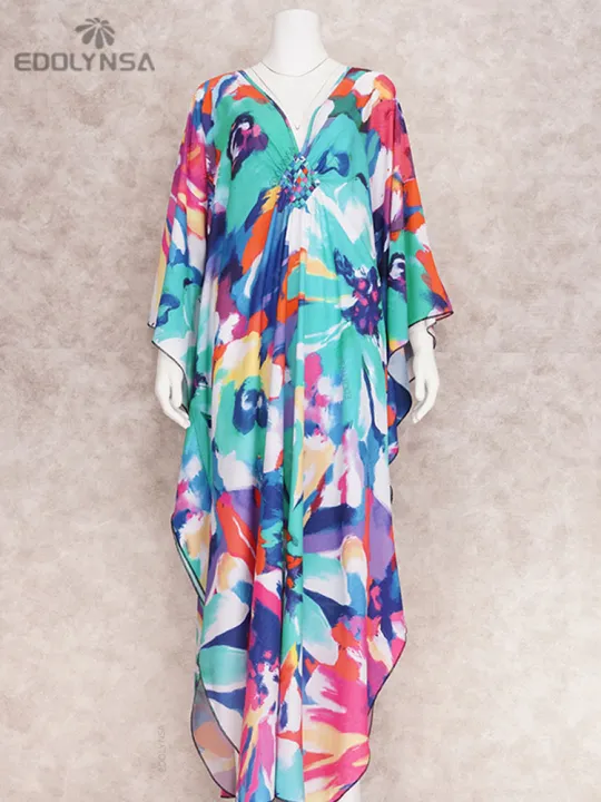Deep%20V-neck%20Batwing%20Sleeve%20Red%20Printed%20Long%20Dresses%20Women%202024%20Summer%20Kaftan%20Beach%20Wear%20Bohemian%20Women%20Maxi%20Dress%20Q1289%20House%20Foocus%20-%20Image%205
