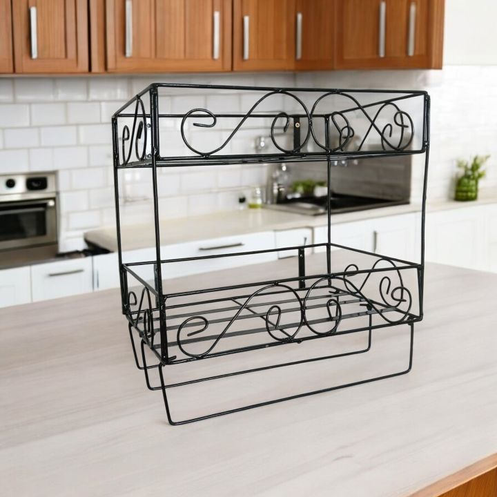 Durable Quran Sharif Display Stand with Jainamaz Hangers – 2-Layer Black Metal Wall Mount.