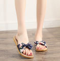 Women Summer Casual Slides Comfortable Flax Slippers Striped Bow Linen Flip Flops Platform Sandals Ladies Indoor Shoes. 