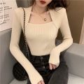 Autumn and Winter New Square Collar Long Sleeve Bottoming Shirt Women's Sweater Solid Color Slim Fit Gentle Hot Girl Fake Two-Piece Knitted Top. 