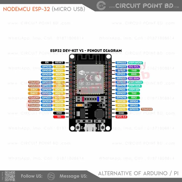 NodeMcu ESP32 Wroom CH340 Development Board – 32-bit, 240MHz WiFi ...