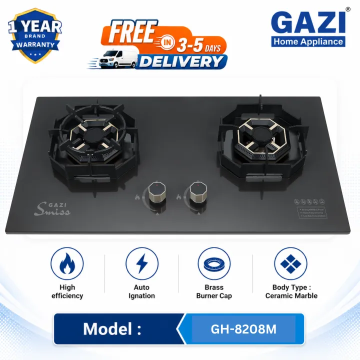 Gazi Smiss GH-8208M Double-Burner Gas Stove –Energy Saving, Marvel Top, Auto Ignition, Brass Burner Cap, Blue Flame, LPG & Natural Gas Compatible.