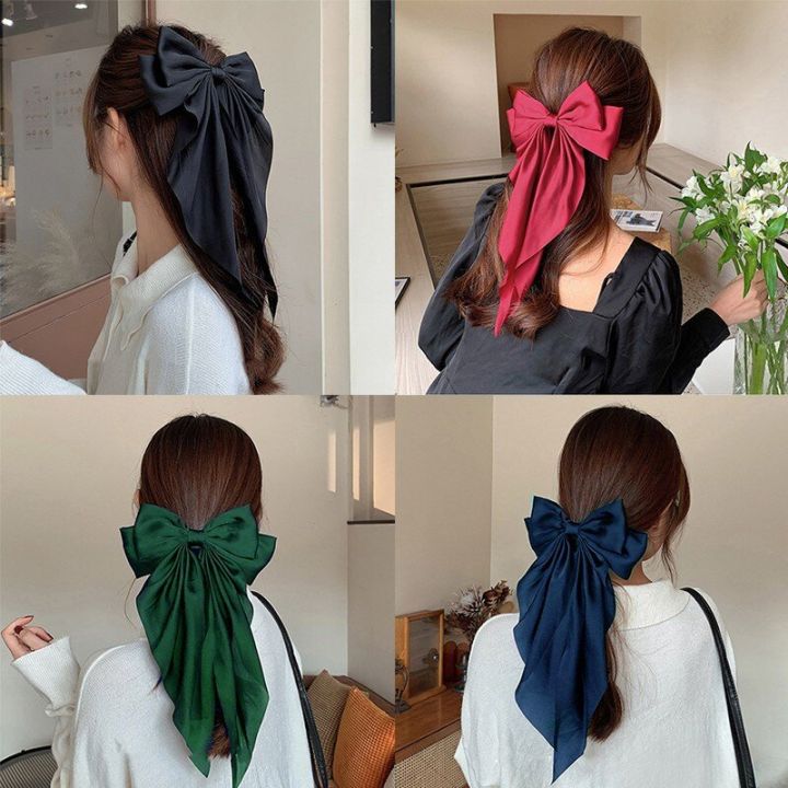 Korean Elegant Silk Long Bow Hair Clip Large Ribbon Hair Clip For Women
