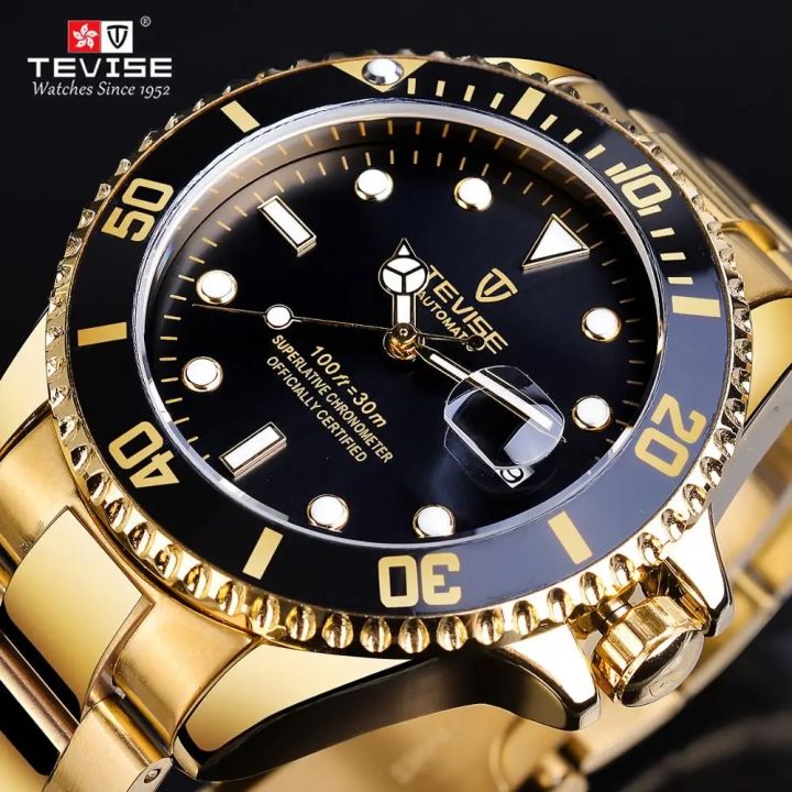 TEVISE Luxury Calendar Gold Waterproof Stainless Steel Men