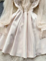 Women Beaded Vintage Dress Fashion High Waist Patchwork Gauze Elegant Dresses Ladies A Line Spring Autumn Apricot Robe Vestidos. 