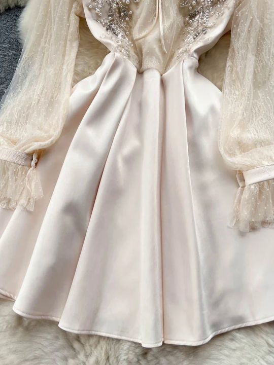 Women%20Beaded%20Vintage%20Dress%20Fashion%20High%20Waist%20Patchwork%20Gauze%20Elegant%20Dresses%20Ladies%20A%20Line%20Spring%20Autumn%20Apricot%20Robe%20Vestidos%20-%20Image%204