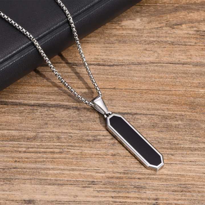 Black Enamel Bar Pendant Necklace Black Square Stainless Steel Link Chain Fashion Jewelry Chain For Men-Gift for Men