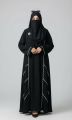 Black Open Abaya with Intricate Scalloped White Lace Trim.