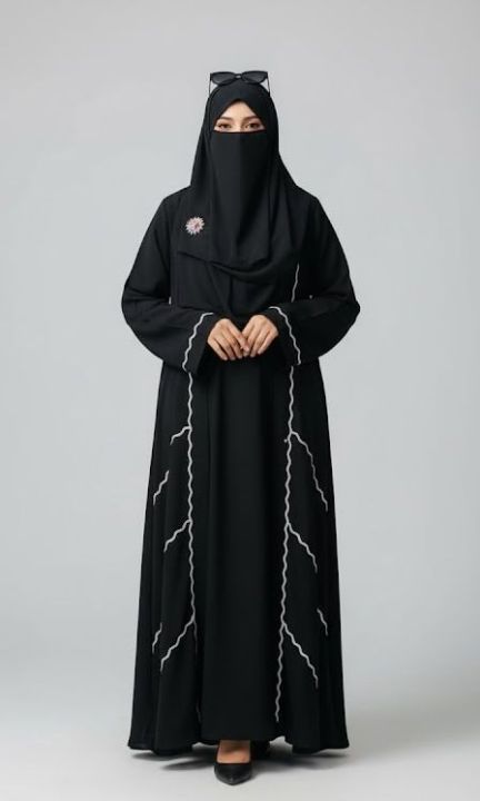 Black Open Abaya with Intricate Scalloped White Lace Trim