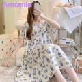 Casual Dress Floral Print Round Neck Nightdress for Women Comfortable Knee Length Homewear Midi Dress with Short Sleeves Casual Lady Nightgown for Women Cotton Silk Dress.