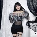 【Best value for money】 Goth Lace Mesh See Through Long Sleeve T-Shirts Y2K Pearl Print Off Shoulder Slim Tops Women Summer New Fashion Tees.