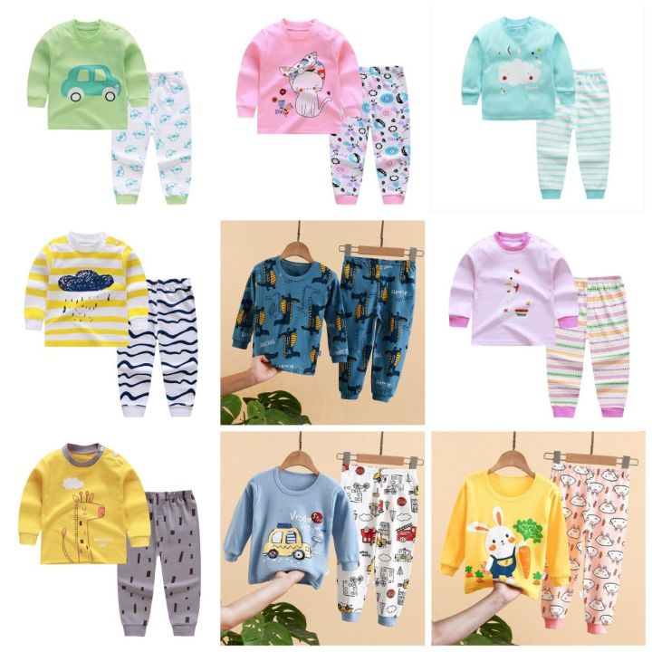 (Ship Within 24 Hour) Individual Packaging Thick Cotton Quality 0-5 Years Cotton Boys Cheap Sleepwear Suit Girls Pajamas Long Sleeve Blouse Tops + Pants 2pcs Children Clothing Autumn Baby Kids Pajamas Sets